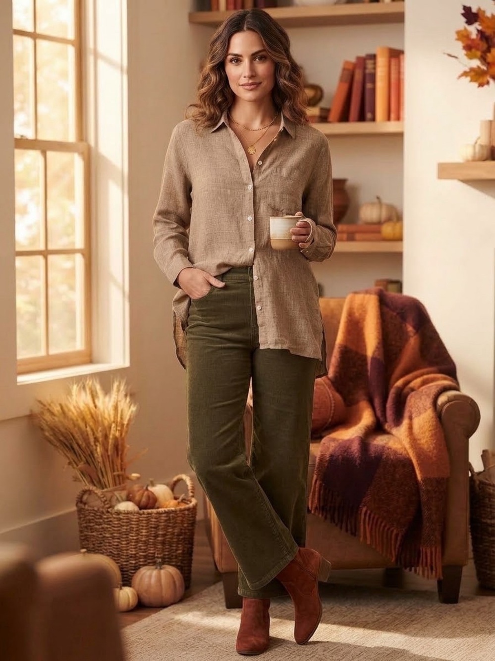 J. Jill Beige Button-Down Linen-Blend Shirt